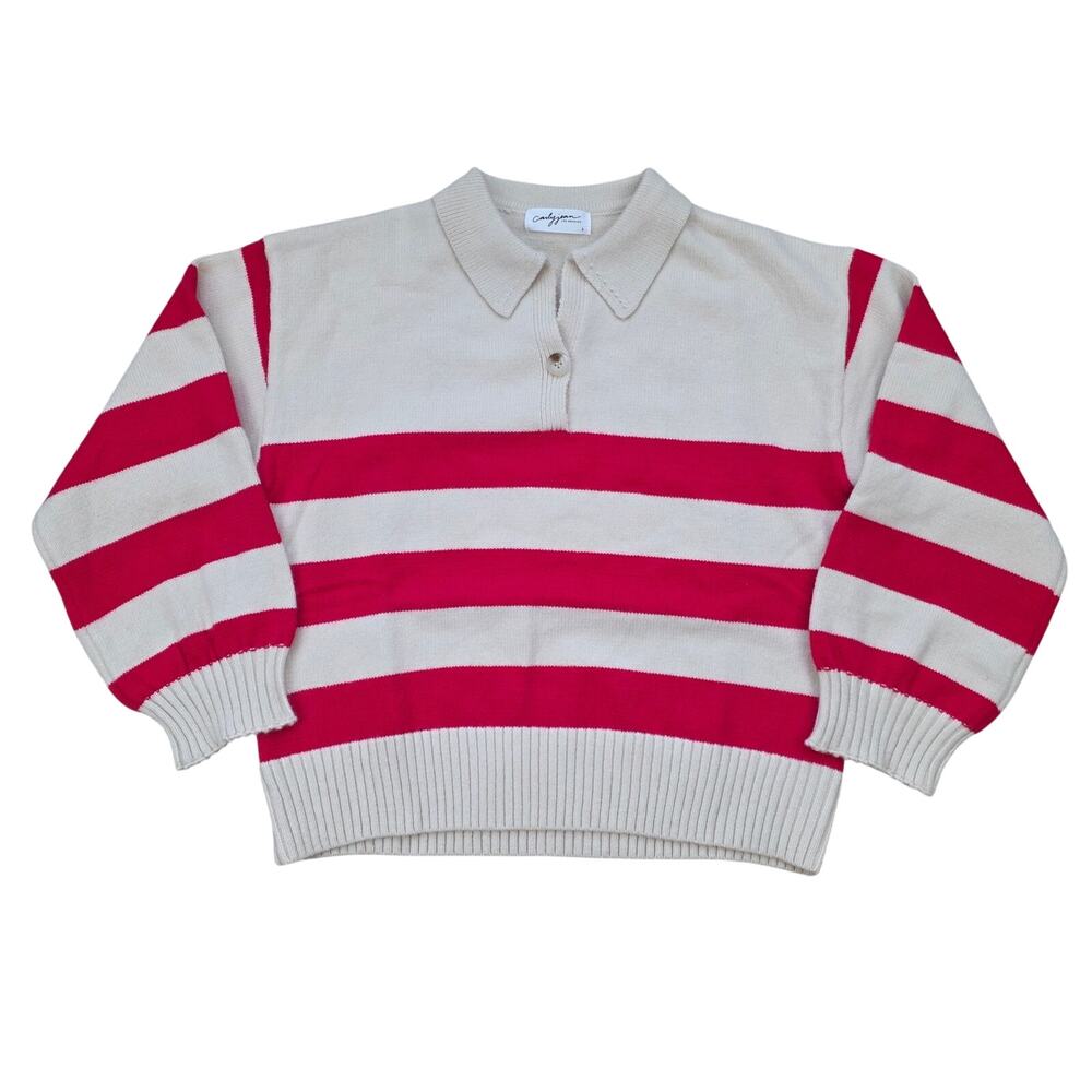 Carly Jean Los Angeles Brea Polo Sweater Women S Red Cream Stripe Collared